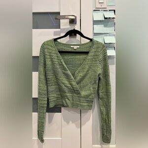 Green Women's V Neck Ribbed Crop Cross Wrap Sweater